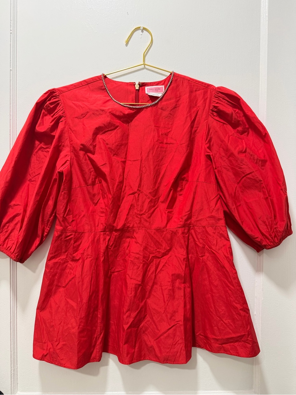 kate spade Red Puff Sleeve Peplum Top with Neck Trim
